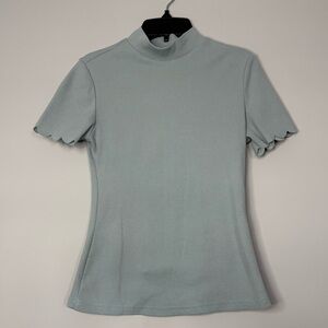 SHEIN Bluish/Green Ribbed Mock Neck Short Sleeve Fitted Top Size S Fitted, Basic